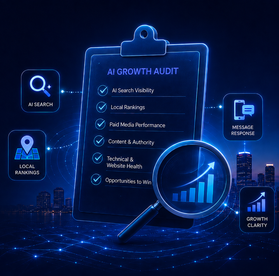 AI Growth Audit checklist: AI search visibility, local rankings, paid media performance, content and authority, technical and website health, and opportunities to win.